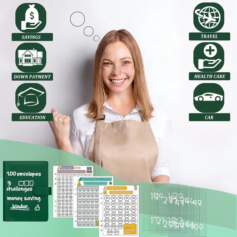 Antner 100 Envelopes Money Saving Challenge Binder, Savings Challenges Book with Envelopes & 3 Challenge Trackers to Save $5,050 and $500 and $10,000, A5 Budget Binder Money Saving Book, Dark Green - Image 2